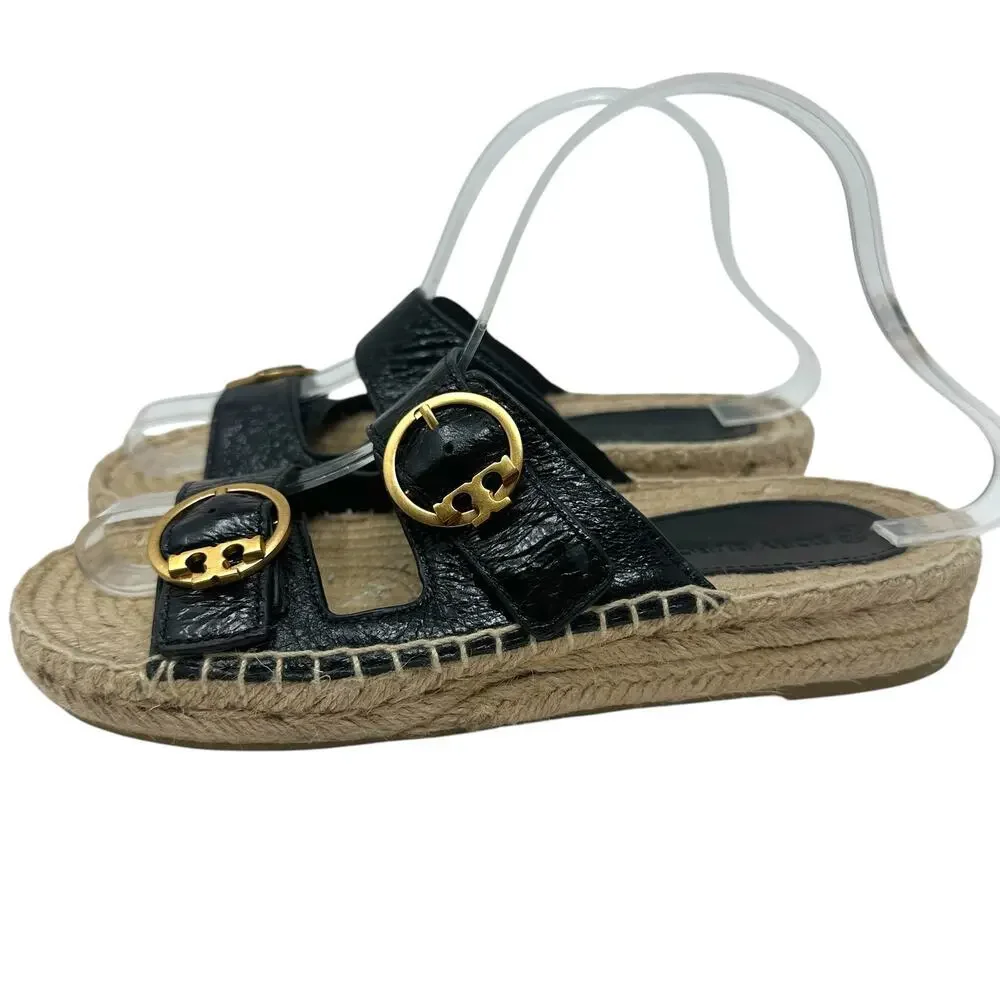 Tory Burch Selby‎ Patent Leather Espadrille Slide Sandals Black Size US 6.5